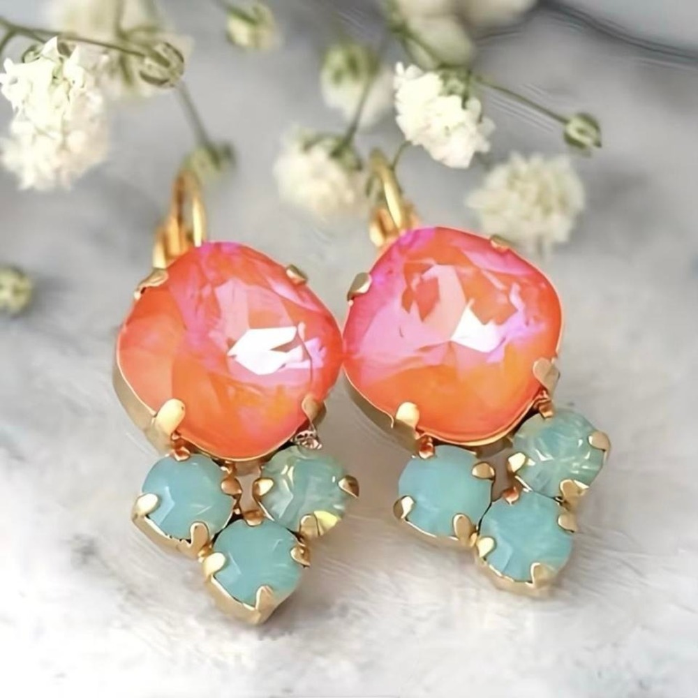 Coral Aqua Crystal Drop Earrings Gold Tone Coastal Mermaidcore